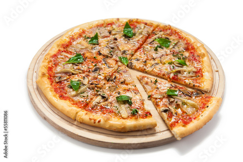 Isolated pizza on a wooden board
