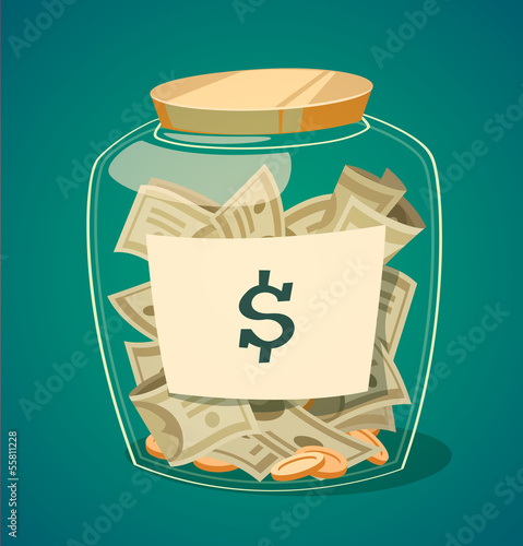 Saving money jar. Vector illustration.