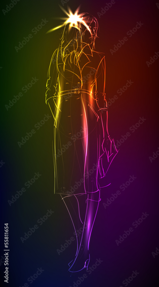 Hand-drawn fashion model from a neon. A light girl's Hand-drawn fashion model from a neon. A light girl's