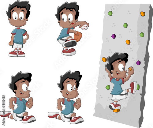 Cartoon black boy playing baseball, running and climbing