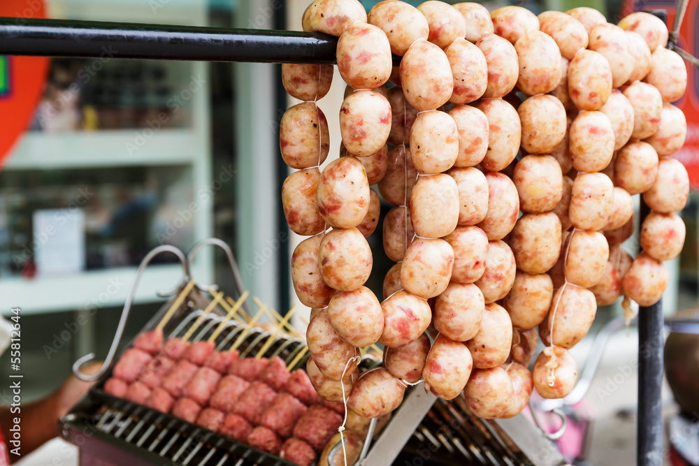 Thai style grilled sausage on street market in thailand Thai style grilled sausage on street market in thailand