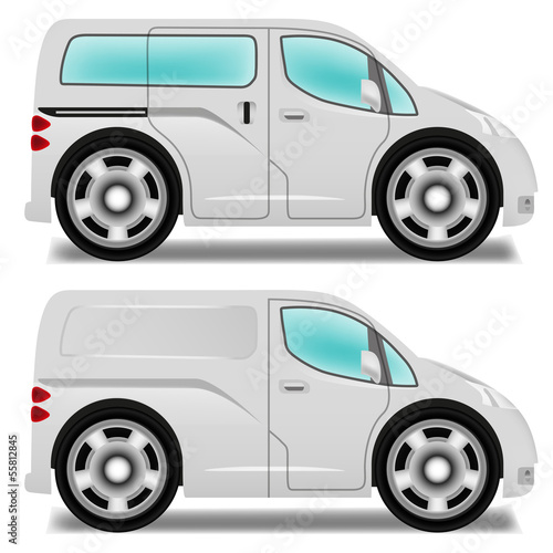 Cartoon minibus and delivery van with big wheels