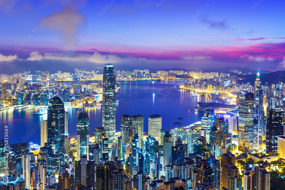 Fototapeta premium Hong Kong city skyline during sunrise
