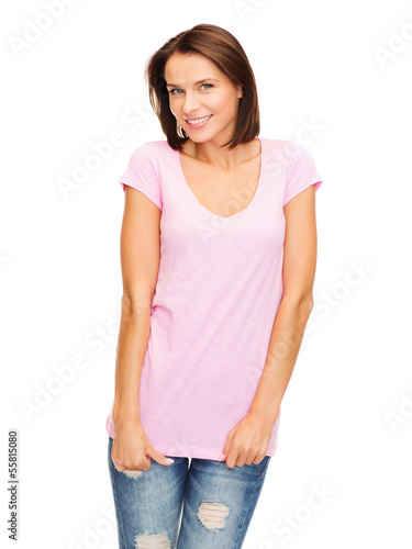 woman in blank pink t-shirt