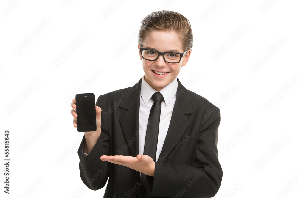Little businessman with mobile phone. Cheerful little boy in for Little businessman with mobile phone. Cheerful little boy in for