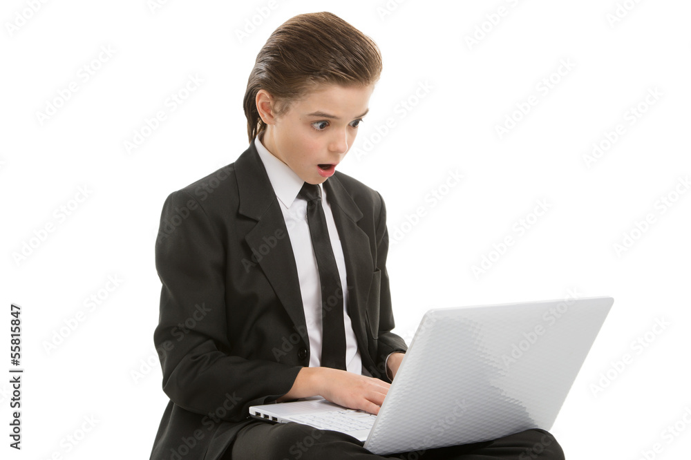 Little businessman with laptop. Surprised little boy in formalwe Little businessman with laptop. Surprised little boy in formalwe