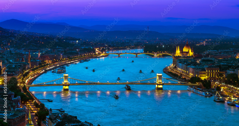 Upper view of Budapest over Danube river