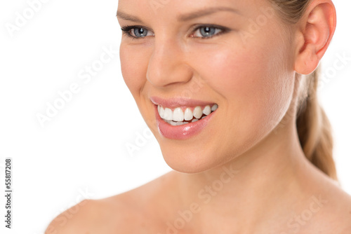 Teeth whitening. Pretty smiling female with healthy teeth.