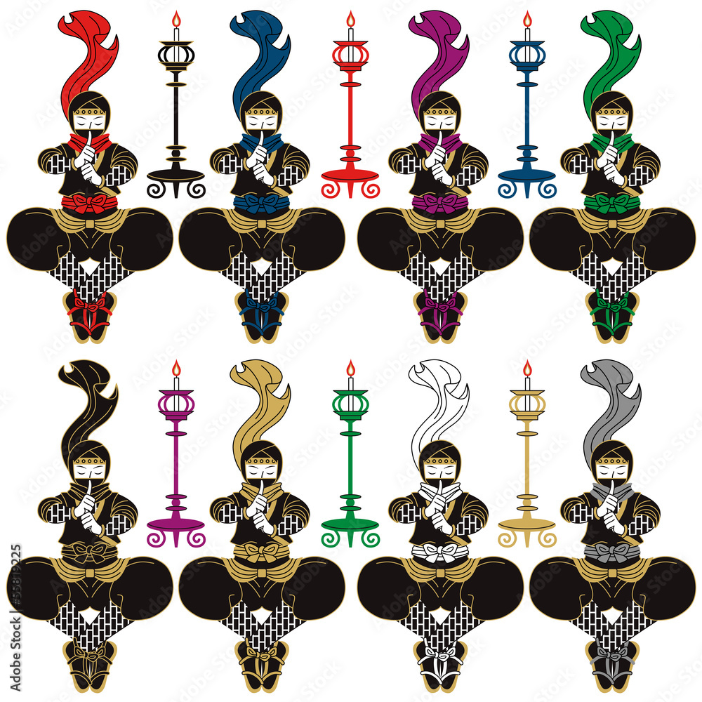 和風挿絵カットイラスト 忍者と燭台 赤青紫緑黒茶白灰８色パターン Stock Vector Adobe Stock