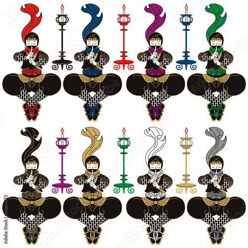 和風挿絵カットイラスト(忍者と燭台）赤青紫緑黒茶白灰８色パターン