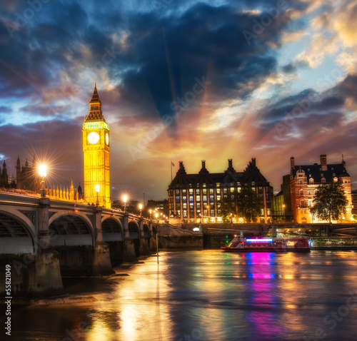 Stunning sunset view of London skyline. The Houses of Parliament