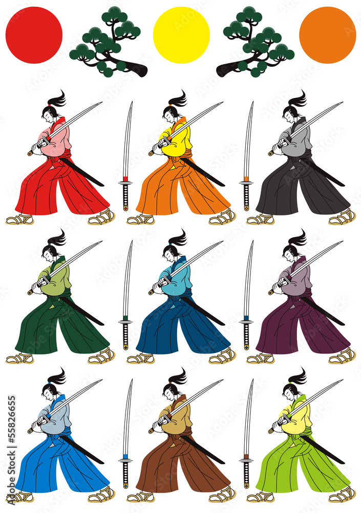 和風挿絵カットイラスト 侍と刀と松と日の丸 ９色パターン Stock ベクター Adobe Stock