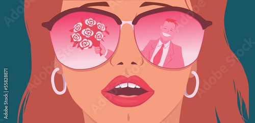 Woman looking at man through rose-colored glasses