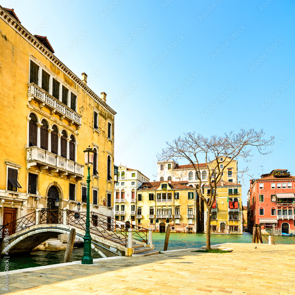 Venice or Venezia, bridge, tree and buildings. Italy.