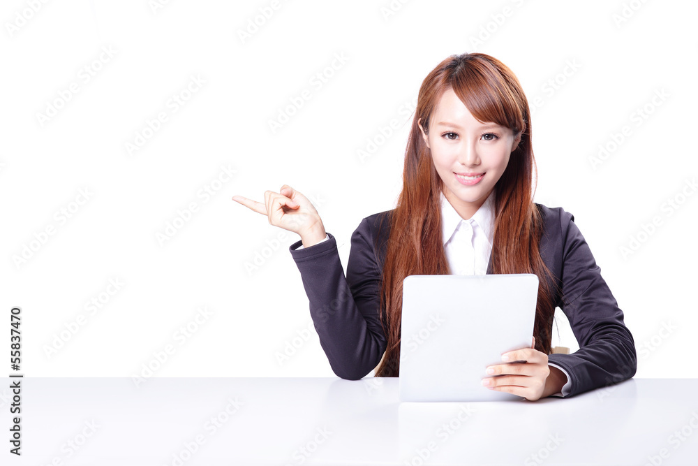 business woman show copy space with tablet pc business woman show copy space with tablet pc
