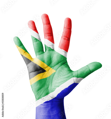 Open hand raised, South Africa flag painted