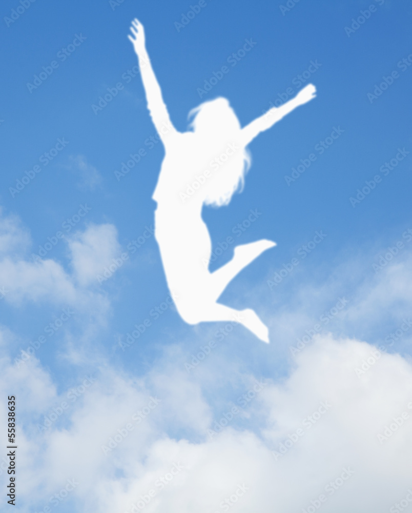 Naklejka premium Silhouette of young woman jumping and cheering, arms in the air