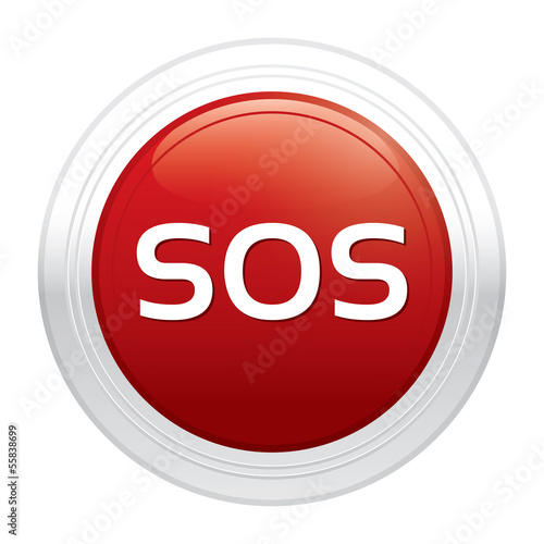 Sos button. Vector red round sticker.