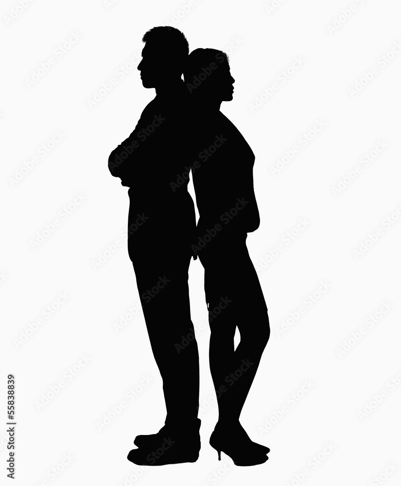 Silhouette of businessman and businesswoman standing back to back.
