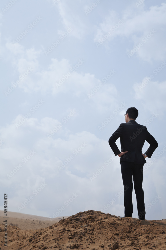 Young businessman standing with hands on hips looking out over the desert