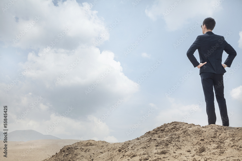 Young businessman standing with hands on hips looking out over the desert Young businessman standing with hands on hips looking out over the desert