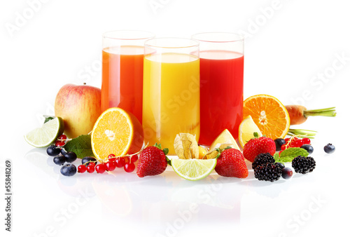 Fresh fruit with glasses of juice