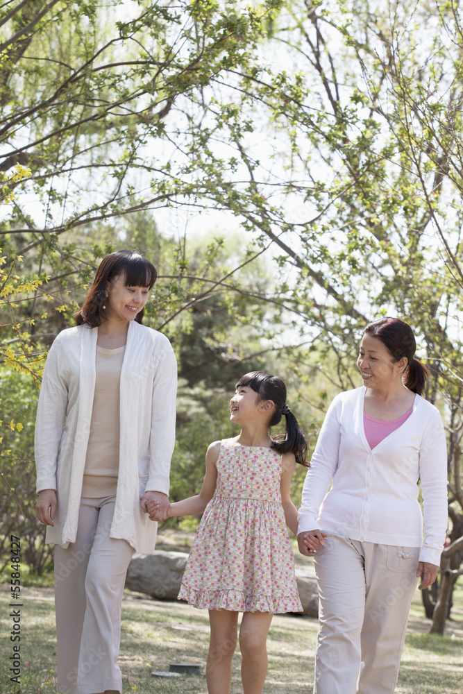 Multi-generational family, grandmother, mother, and daughter holding hands and going for a walk in the park in springtime Multi-generational family, grandmother, mother, and daughter holding hands and going for a walk in the park in springtime