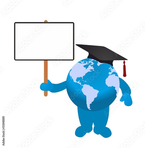Graduate globe holding blank board