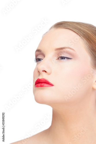 Sensual blonde model wearing red lips