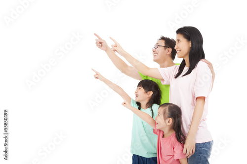 Happy asian family looking and pointing