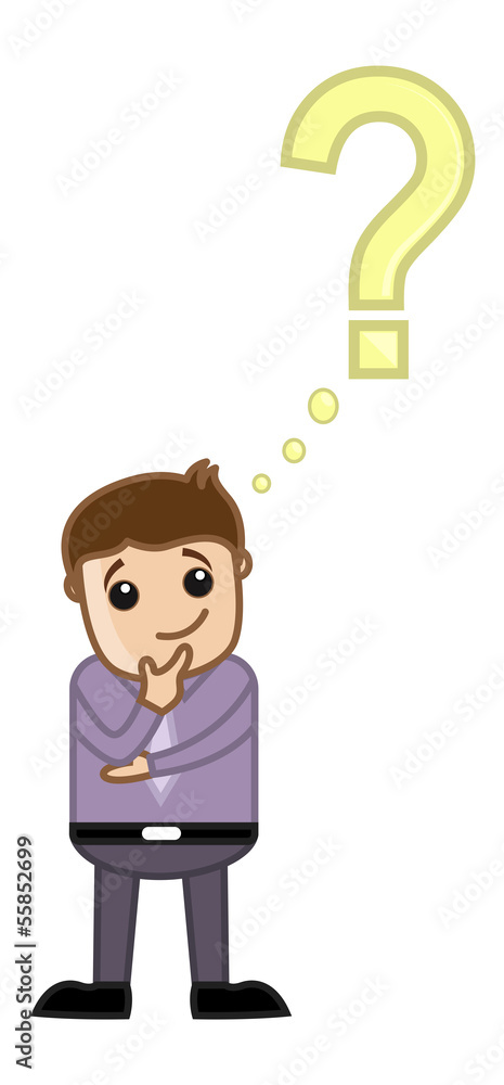 FAQ Concept - Man Thinking With Question Mark - Business Cartoon FAQ Concept - Man Thinking With Question Mark - Business Cartoon