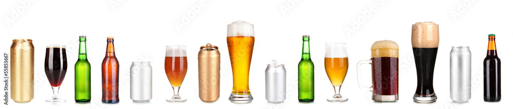 Lots of beer in different containers isolated on white