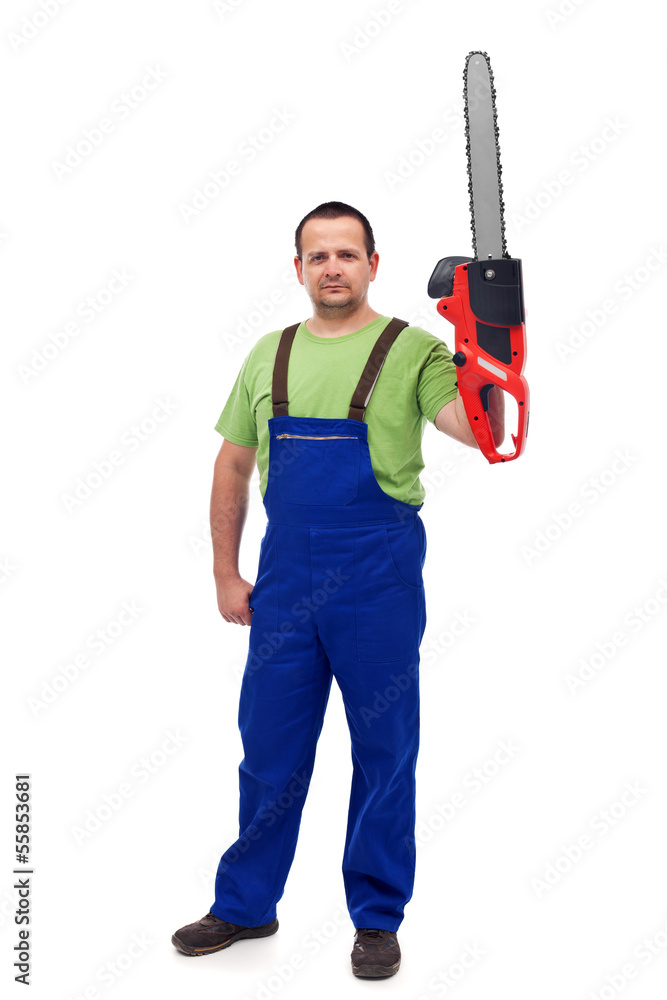 Proud construction worker with chainsaw Proud construction worker with chainsaw
