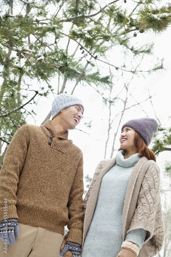 Fototapeta premium Young couple looking at each other in a park in winter