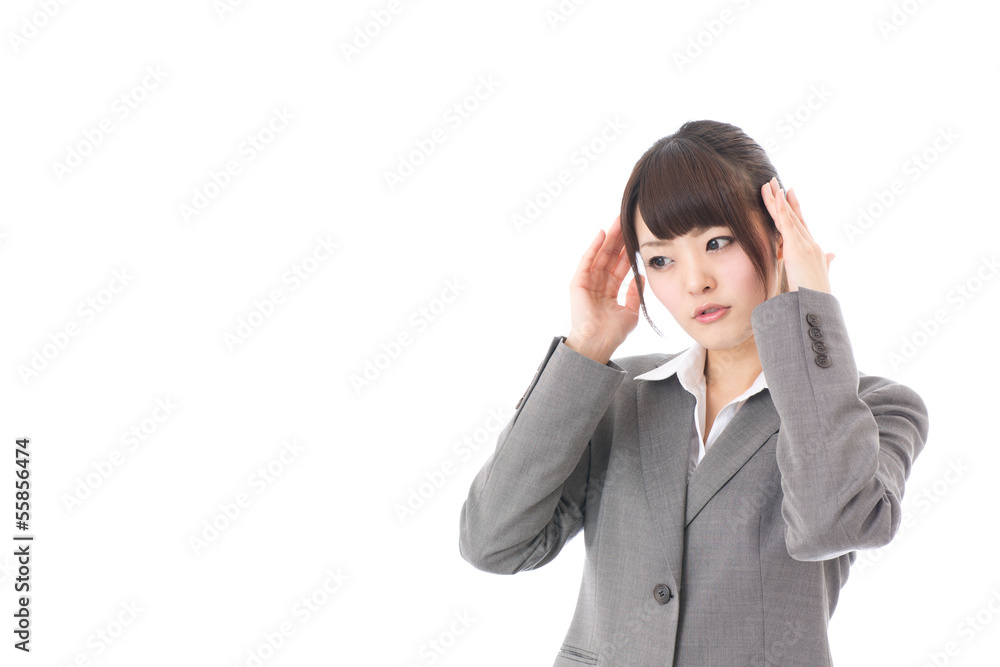 young businesswoman thinking on white background young businesswoman thinking on white background