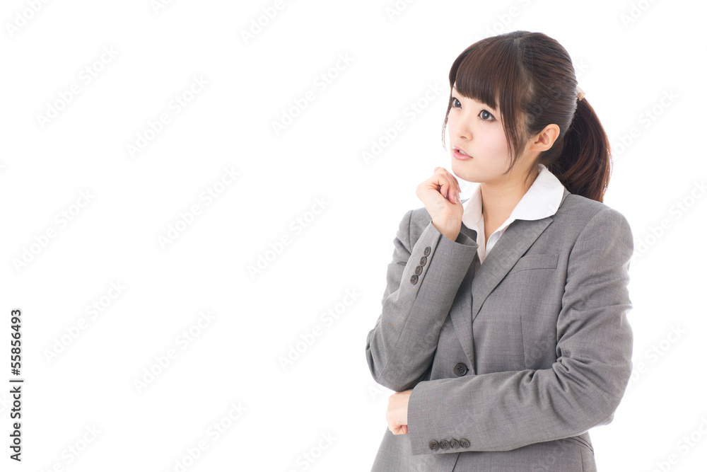 young businesswoman thinking on white background young businesswoman thinking on white background