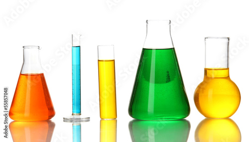 Test tubes with colorful liquids isolated on white