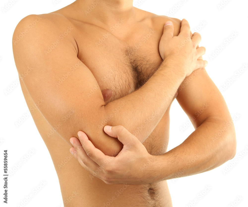 Fototapeta premium Young man with hand pain, isolated on white