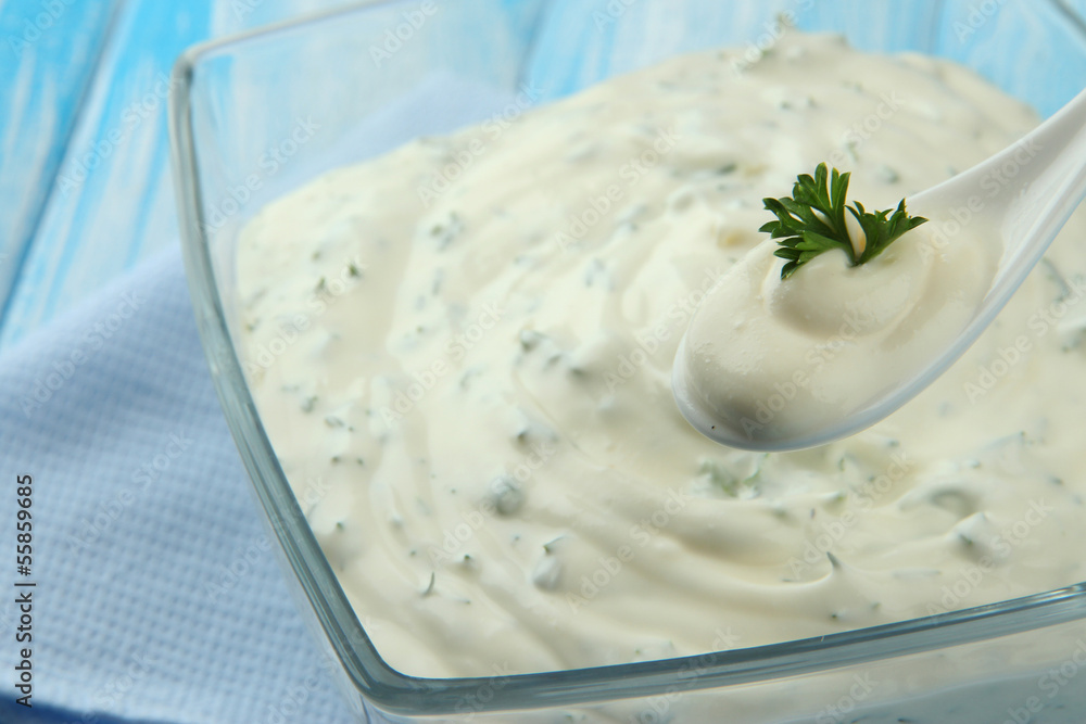 Sour cream on table close-up Sour cream on table close-up