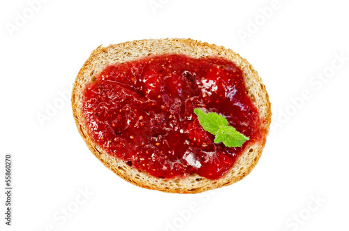 Bread with strawberry jam and mint
