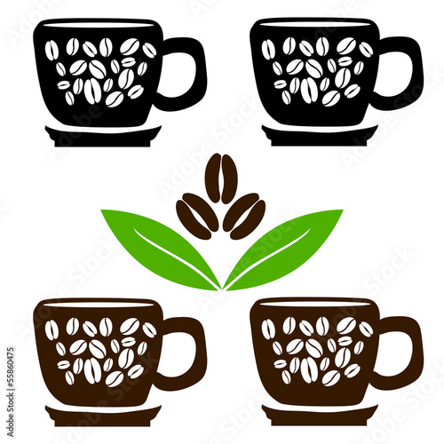 Cups of coffee with beans and leaves