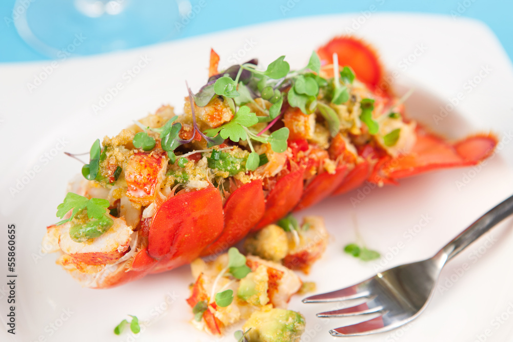 Lobster avocado salad in a lobster shell Lobster avocado salad in a lobster shell