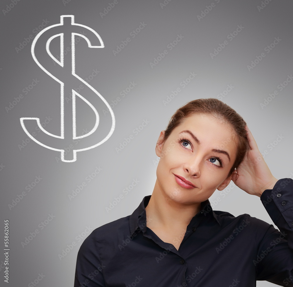 Business woman thinking about money with dollar sign near her on Business woman thinking about money with dollar sign near her on