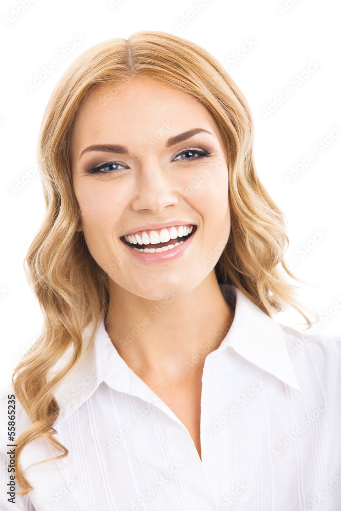 Young cheerful business woman, on white