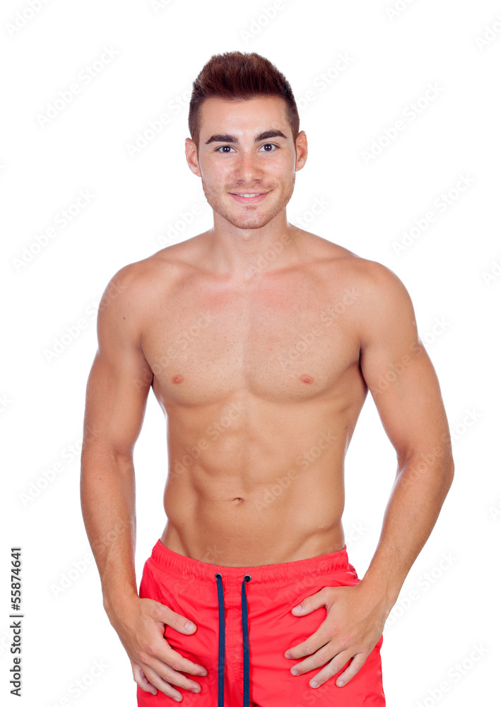 Handsome lifeguard with red swimsuit