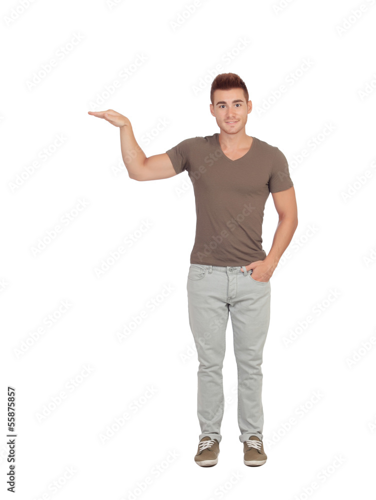 Happy guy showing the height of something with his hand Happy guy showing the height of something with his hand