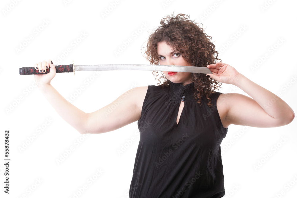 Portrait curly woman curly girl and sword Portrait curly woman curly girl and sword