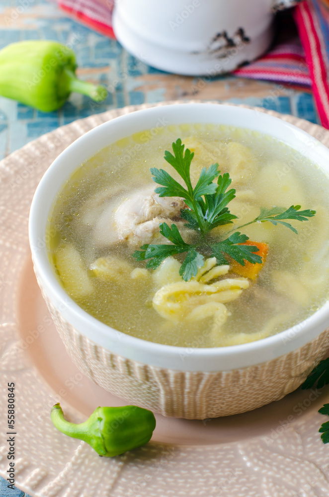 Chicken soup with homemade noodles. Chicken soup with homemade noodles.