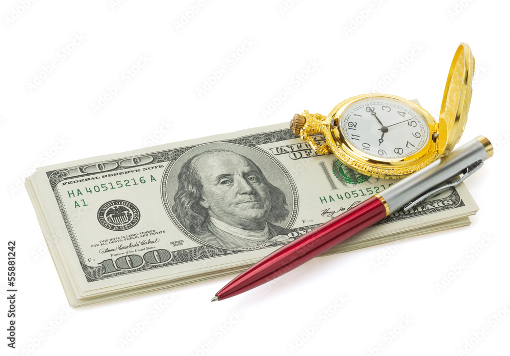 dollars banknotes and watch on white dollars banknotes and watch on white