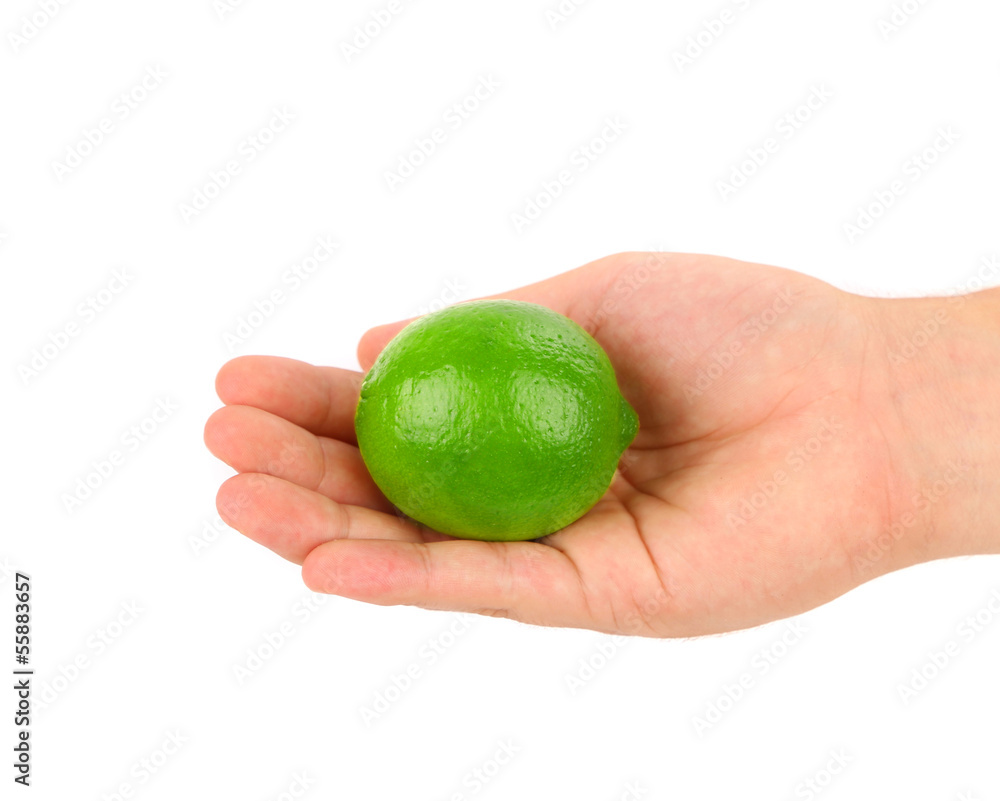 Hand holding green lemon Hand holding green lemon